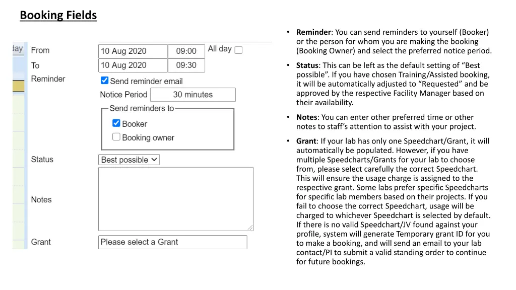 booking fields