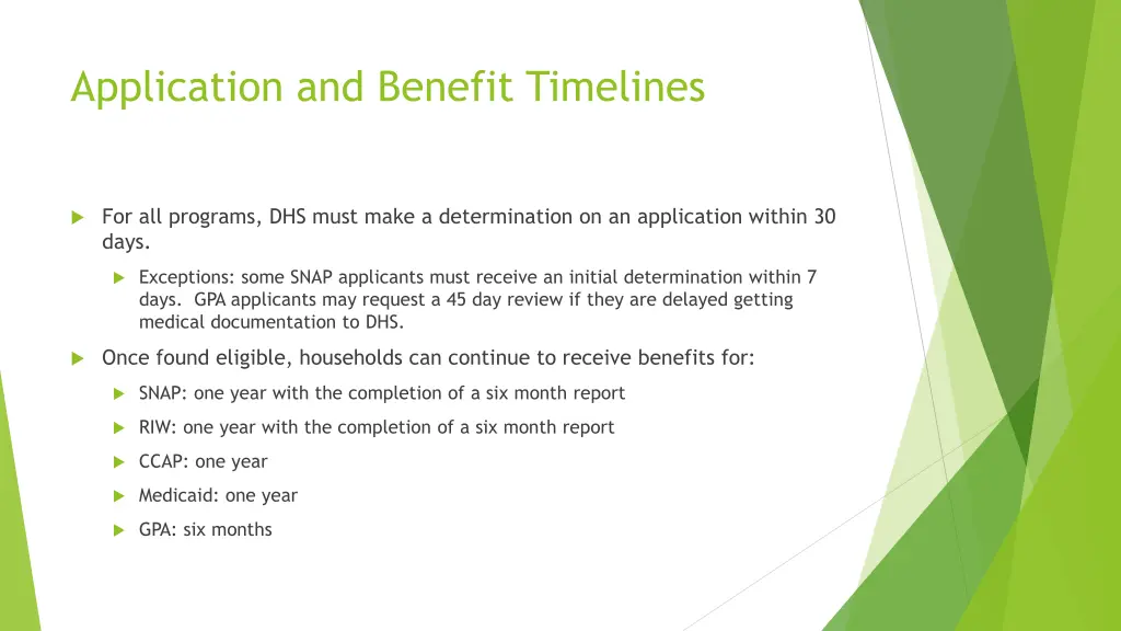 application and benefit timelines