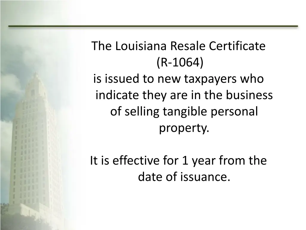 the louisiana resale certificate r 1064 is issued