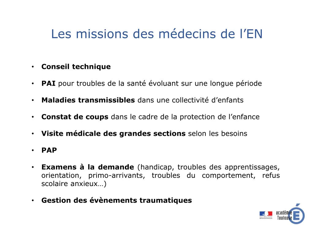 les missions des m decins de l en