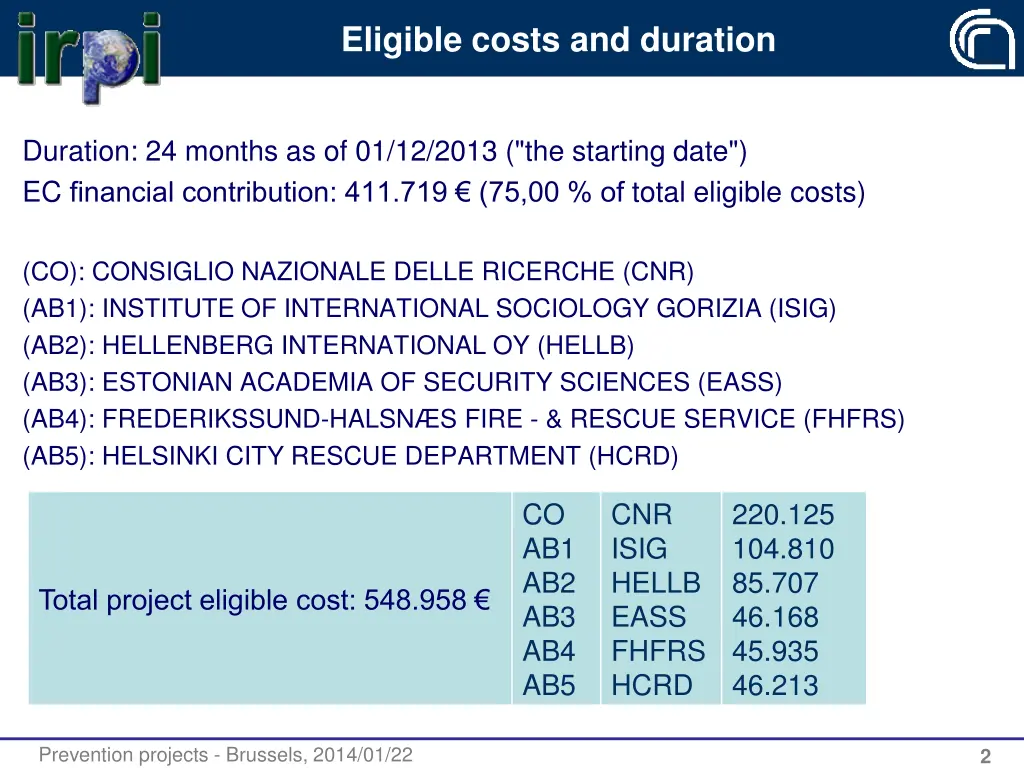 eligible costs and duration