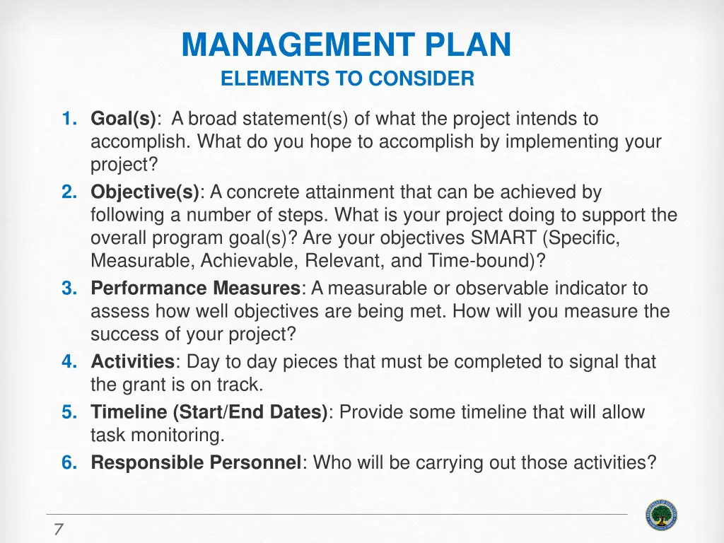 management plan elements to consider