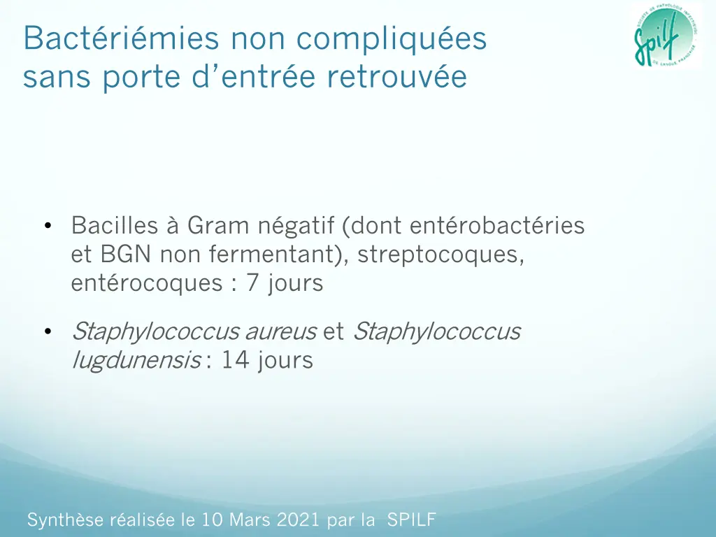 bact ri mies non compliqu es sans porte d entr