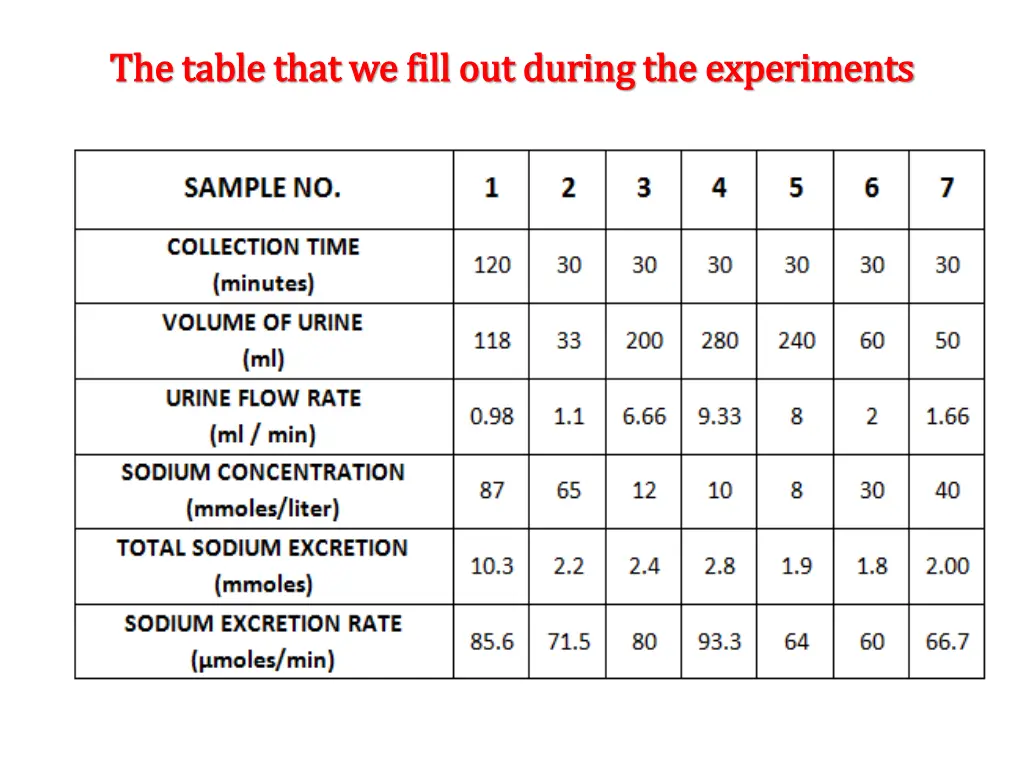 the table that we fill out during the experiments