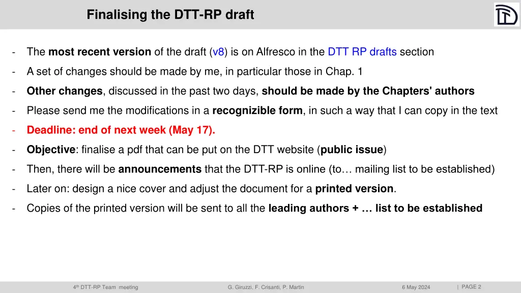 finalising the dtt rp draft