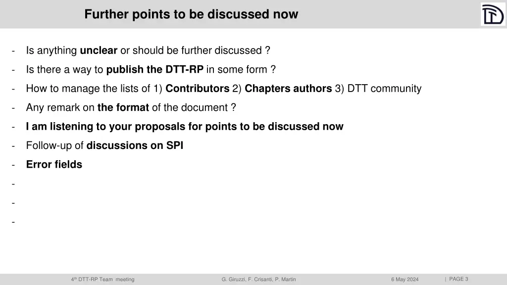 further points to be discussed now