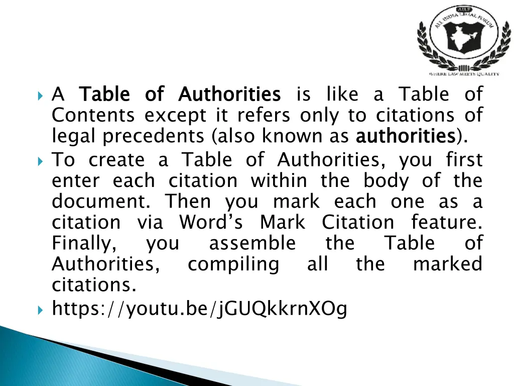 a table contents except it refers only
