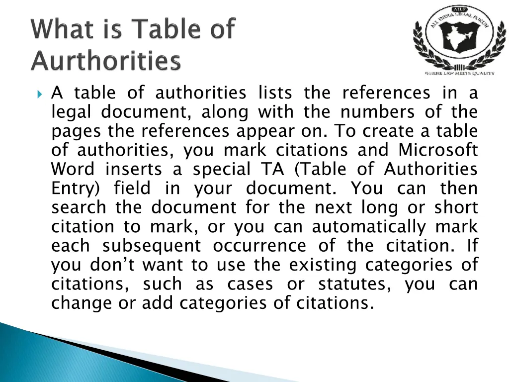 a table of authorities lists the references