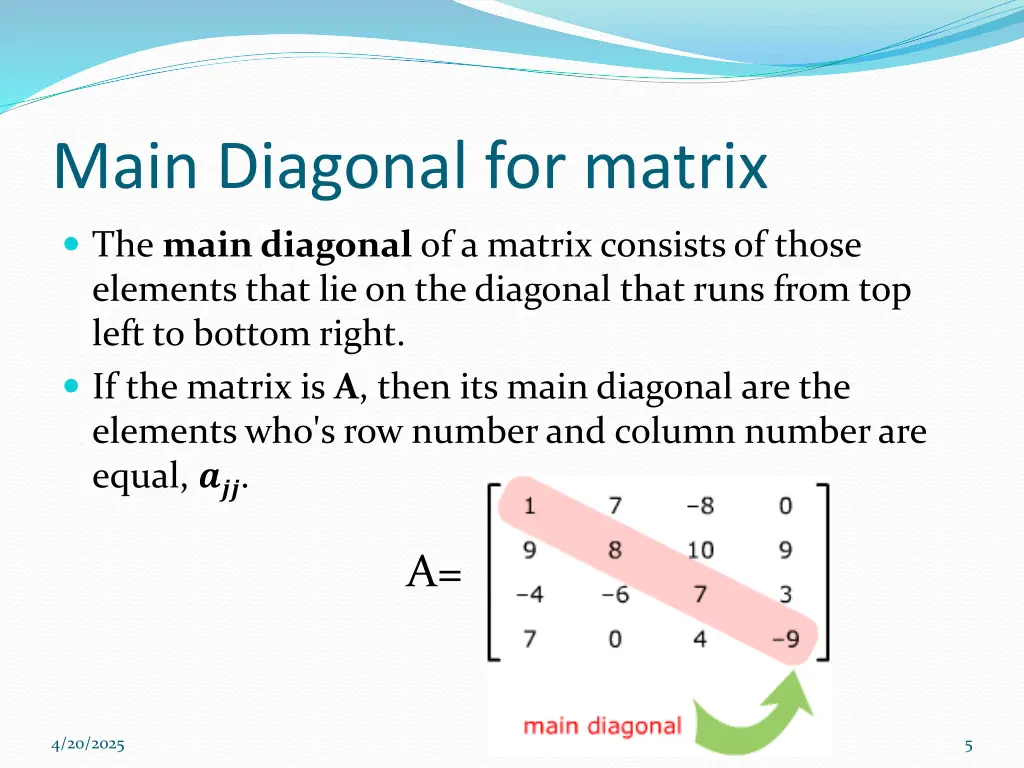 main diagonal for matrix