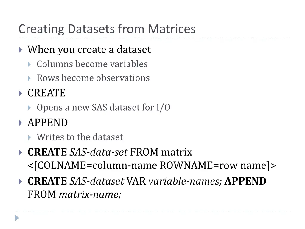 creating datasets from matrices