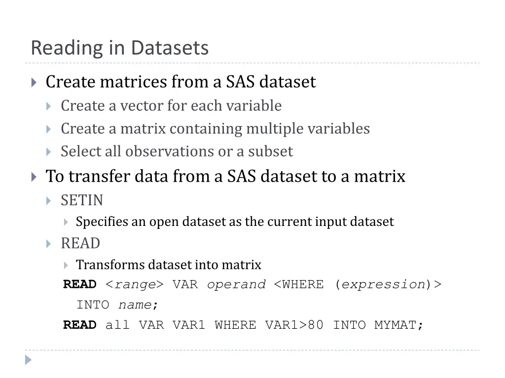 reading in datasets
