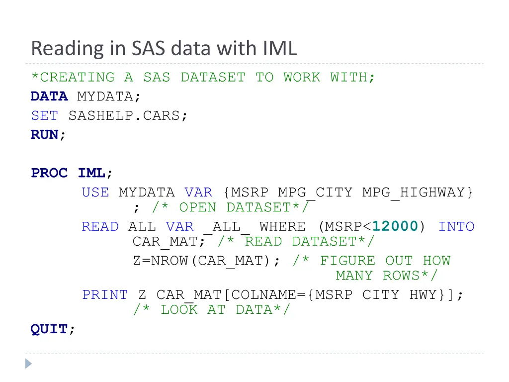 reading in sas data with iml creating