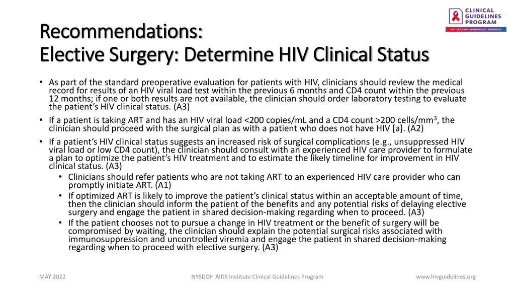 recommendations recommendations elective surgery