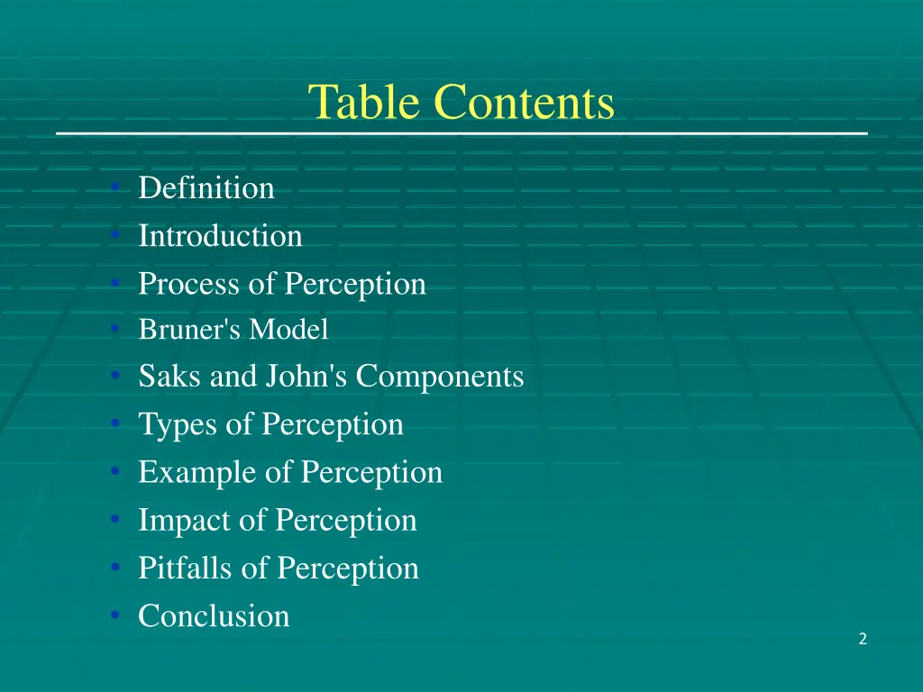 table contents