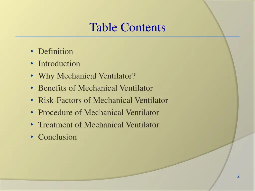 table contents