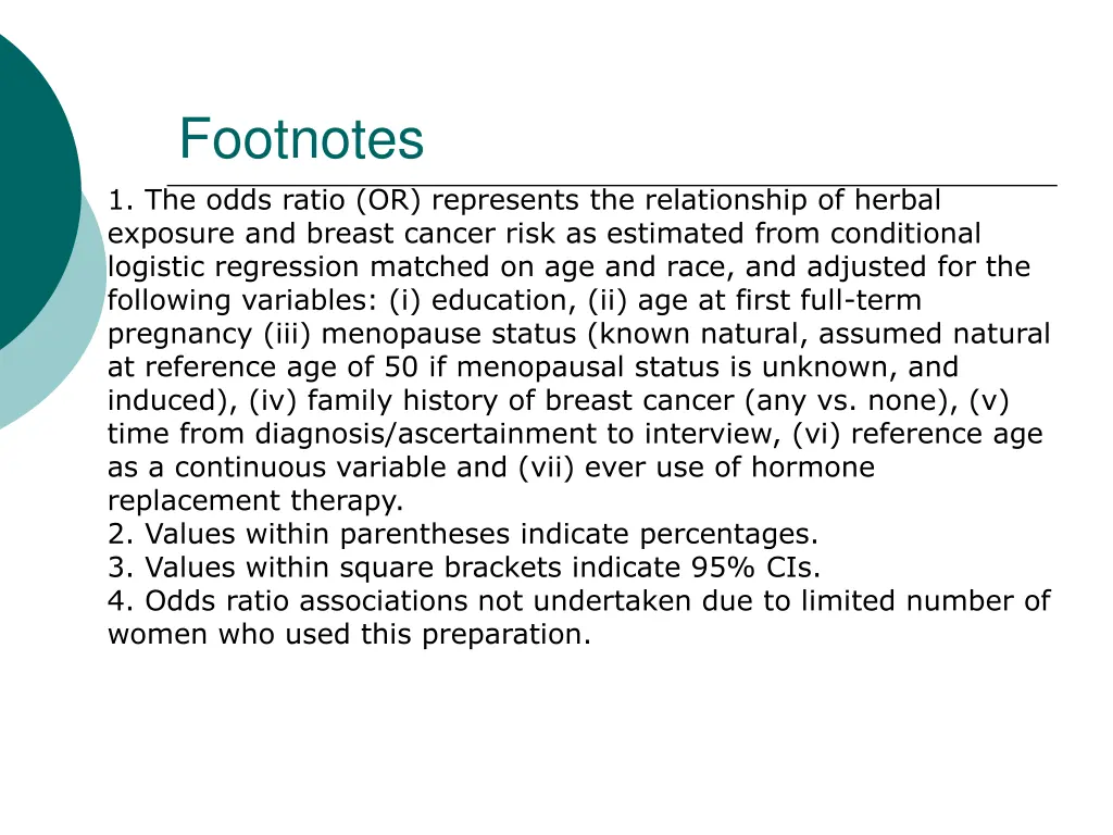 footnotes 1 the odds ratio or represents