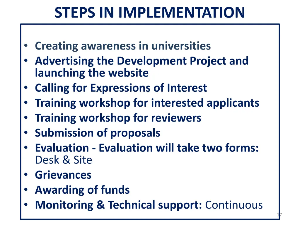 steps in implementation