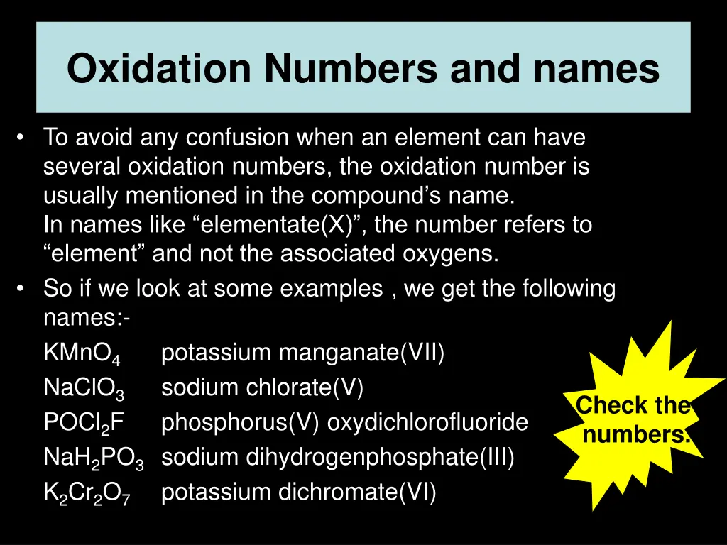 oxidation numbers and names