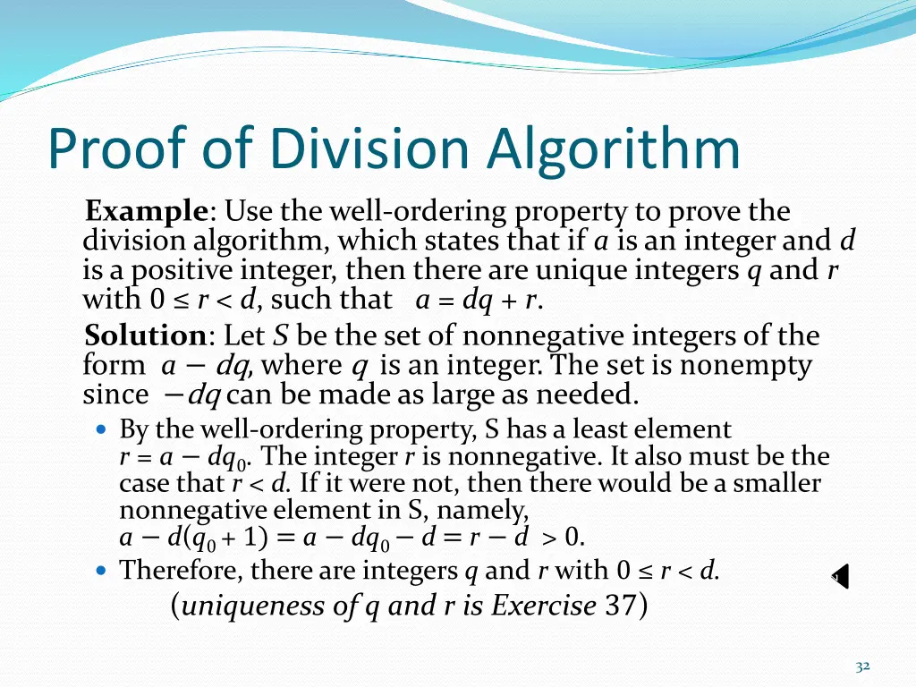 proof of division algorithm example use the well
