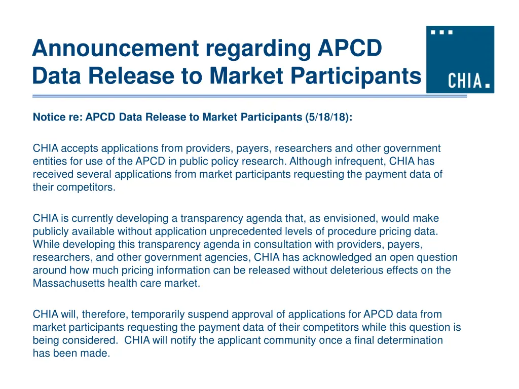 announcement regarding apcd data release