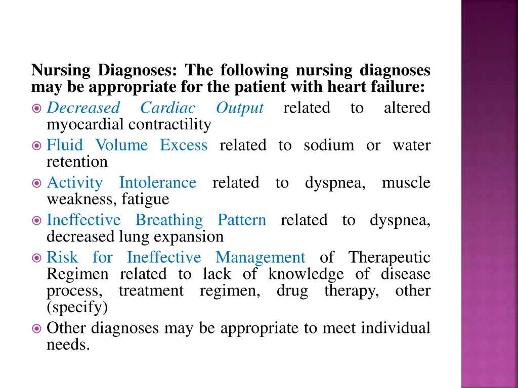 nursing diagnoses the following nursing diagnoses