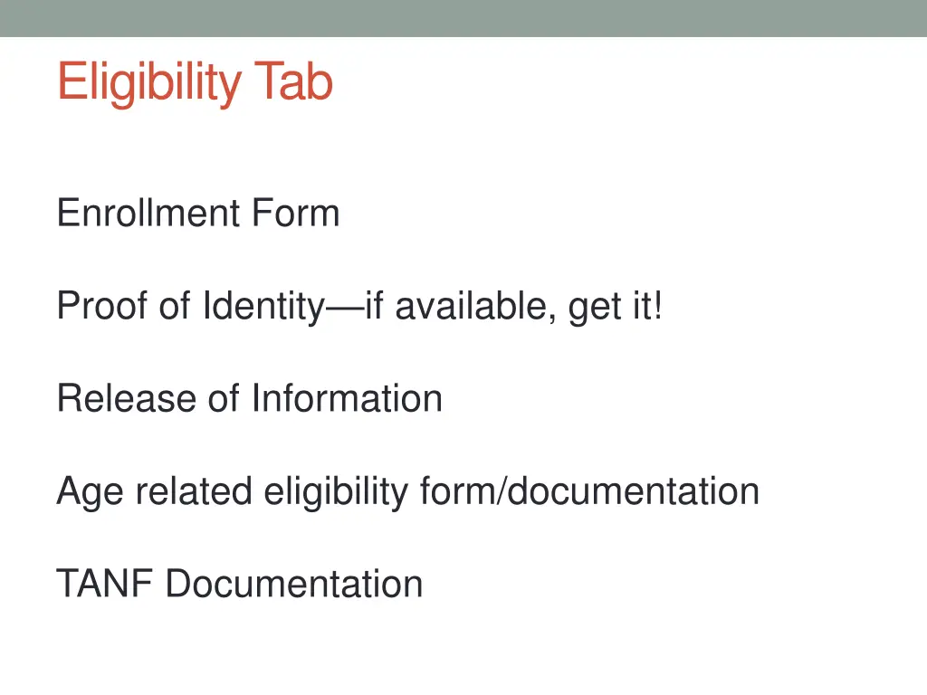 eligibility tab