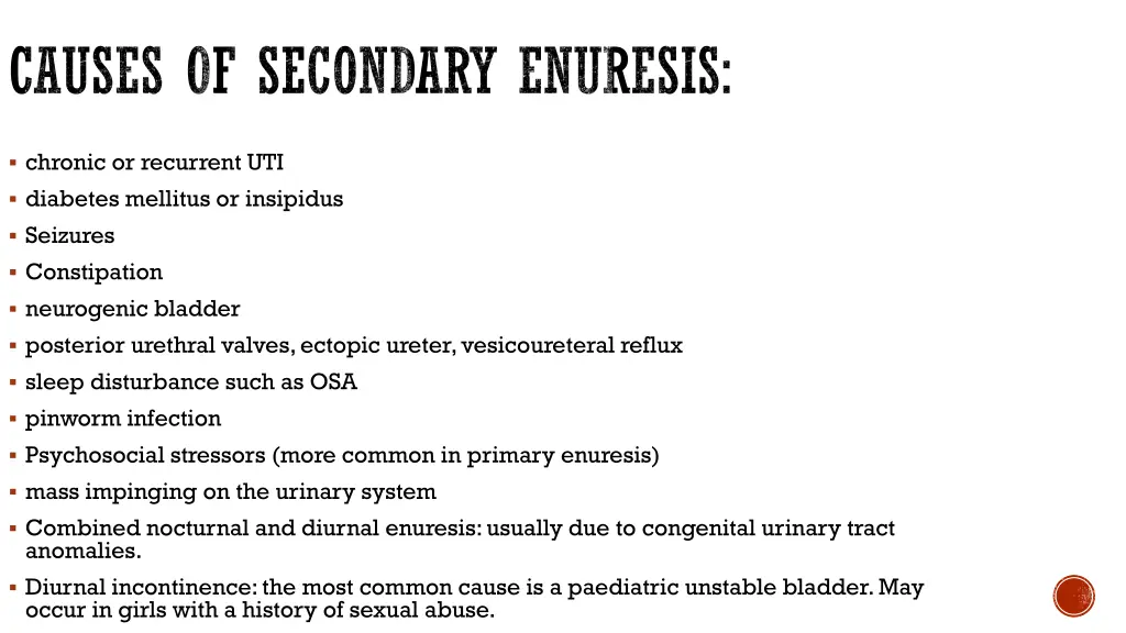 causes of secondary enuresis