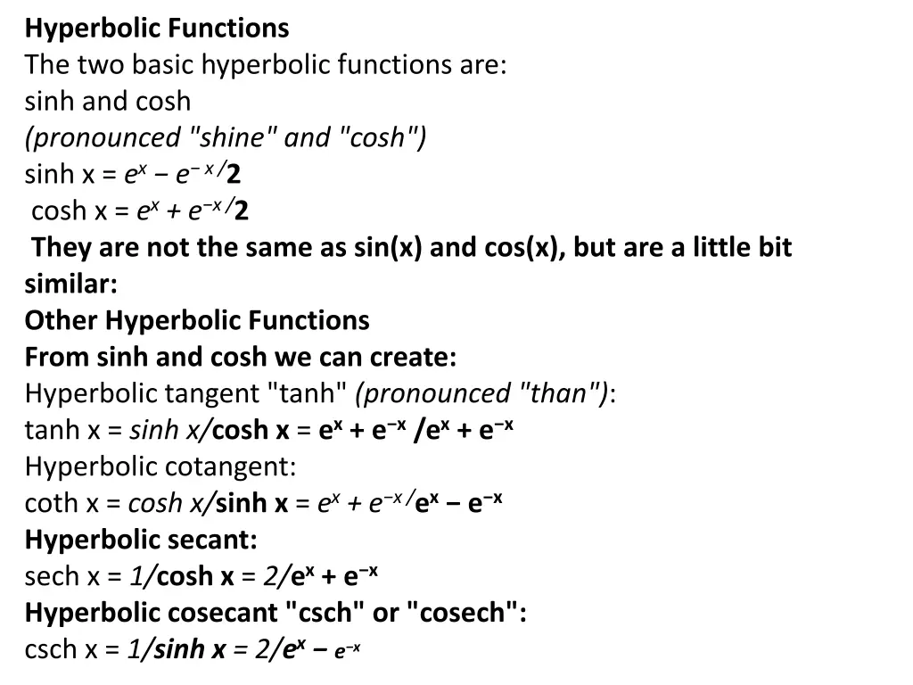 hyperbolic functions the two basic hyperbolic