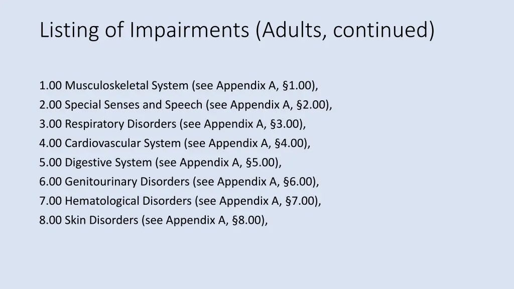 listing of impairments adults continued