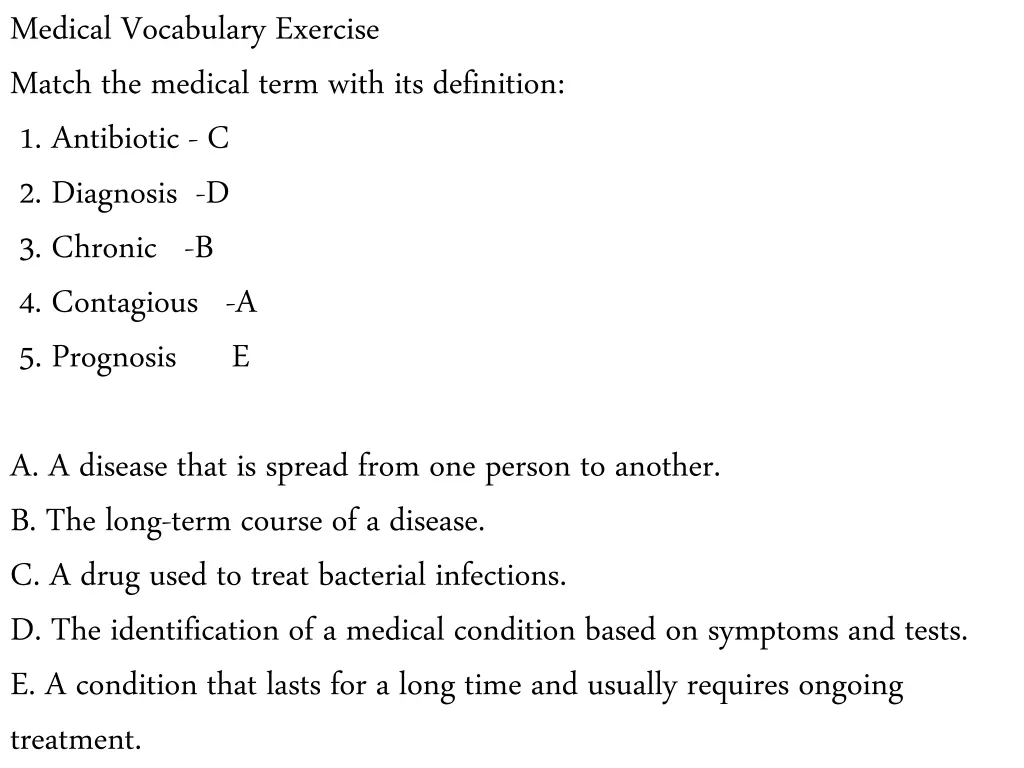 medical vocabulary exercise match the medical