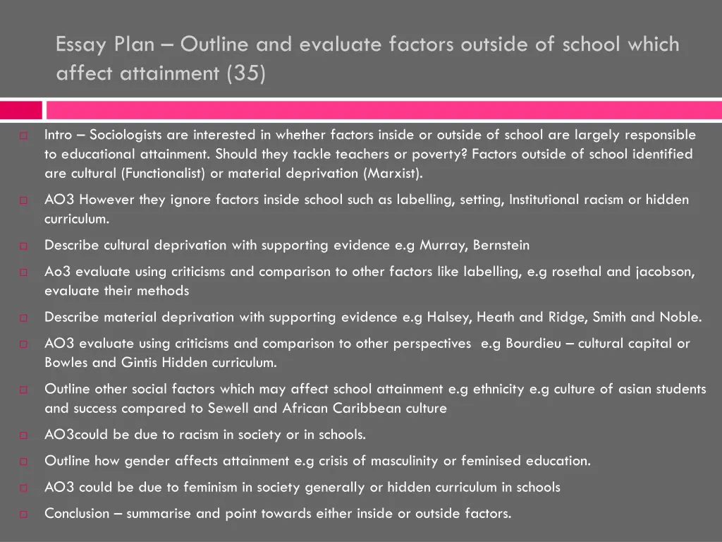 essay plan outline and evaluate factors outside