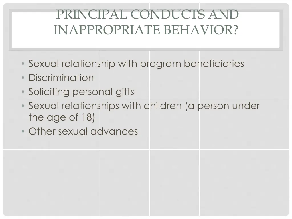 principal conducts and inappropriate behavior