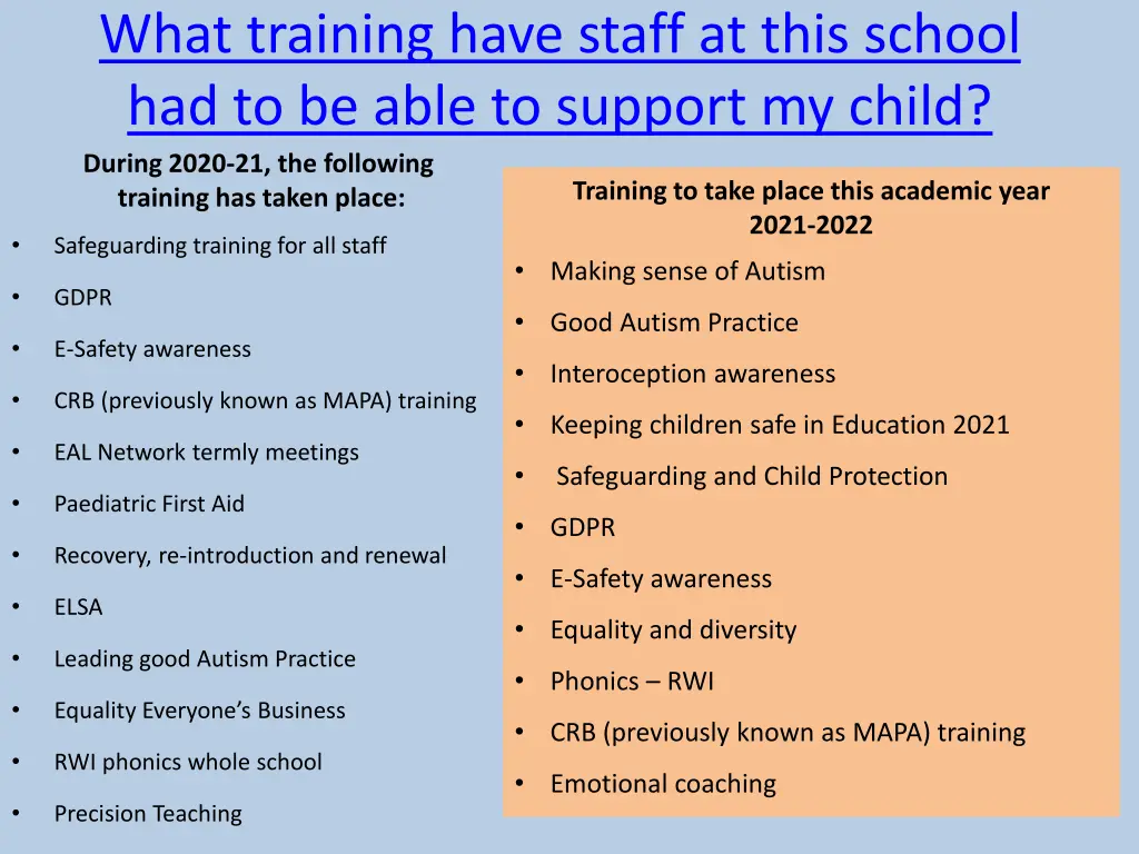 what training have staff at this school