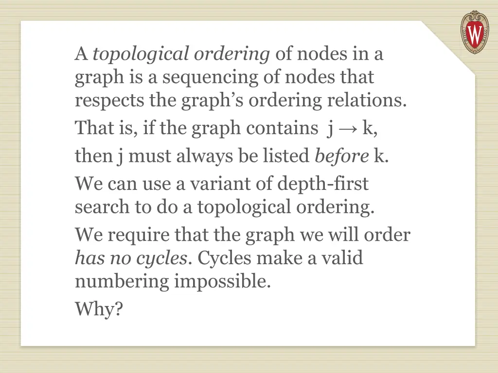 a topological ordering of nodes in a graph
