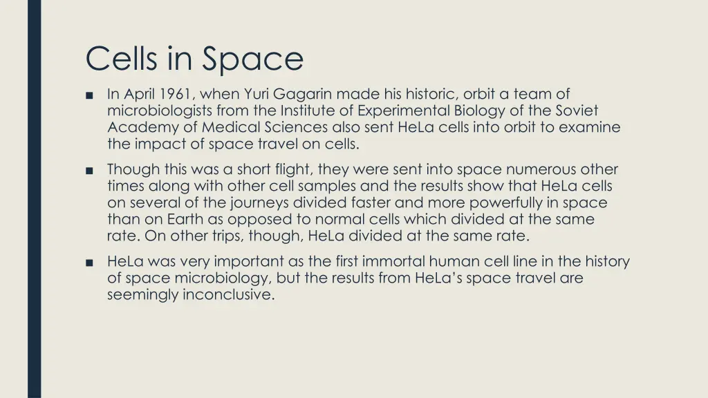 cells in space in april 1961 when yuri gagarin