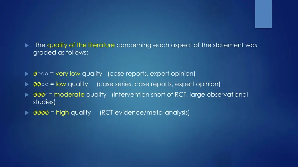the quality of the literature concerning each