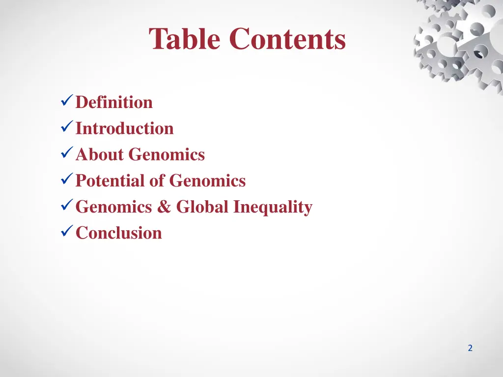 table contents