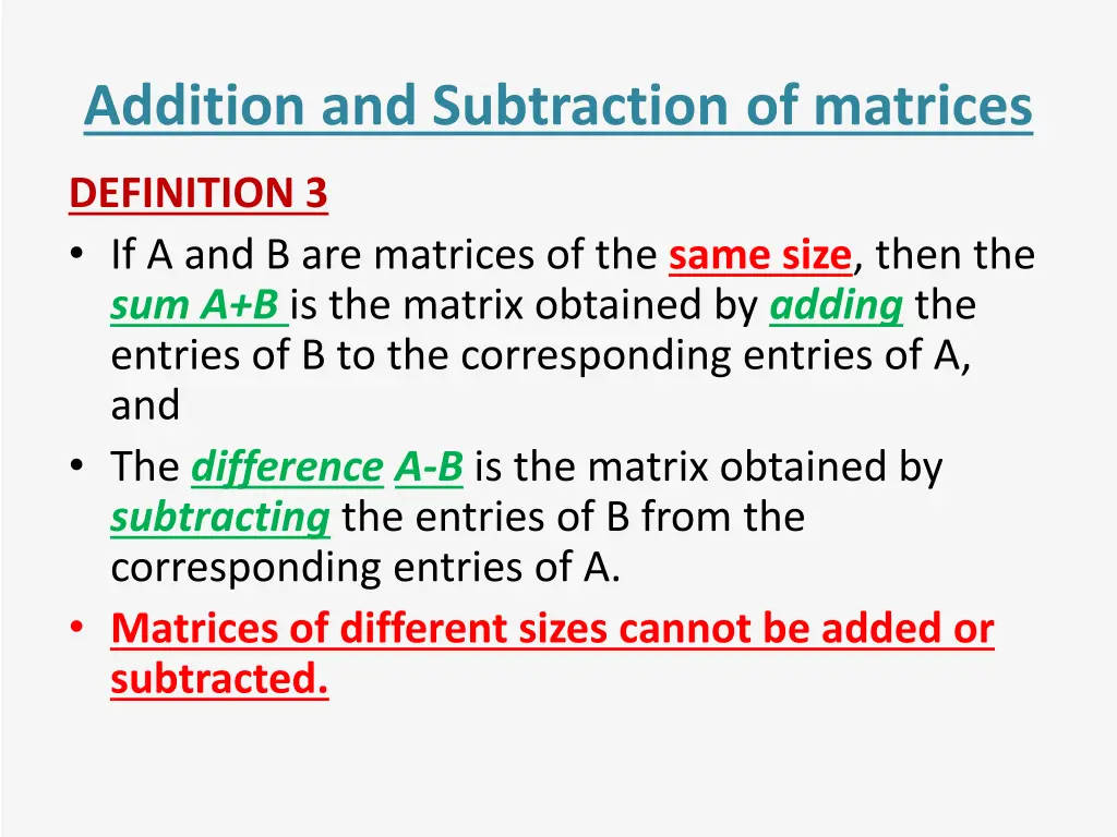 addition and subtraction of matrices