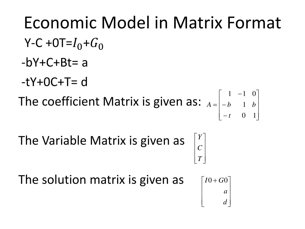 economic model in matrix format