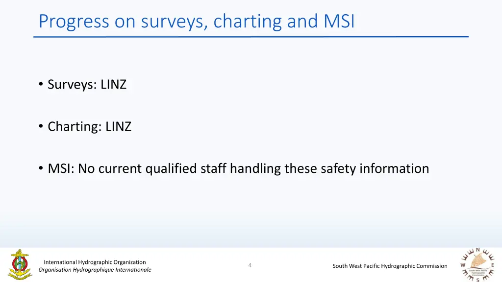 progress on surveys charting and msi