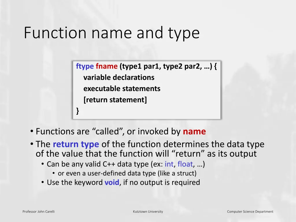 function name and type