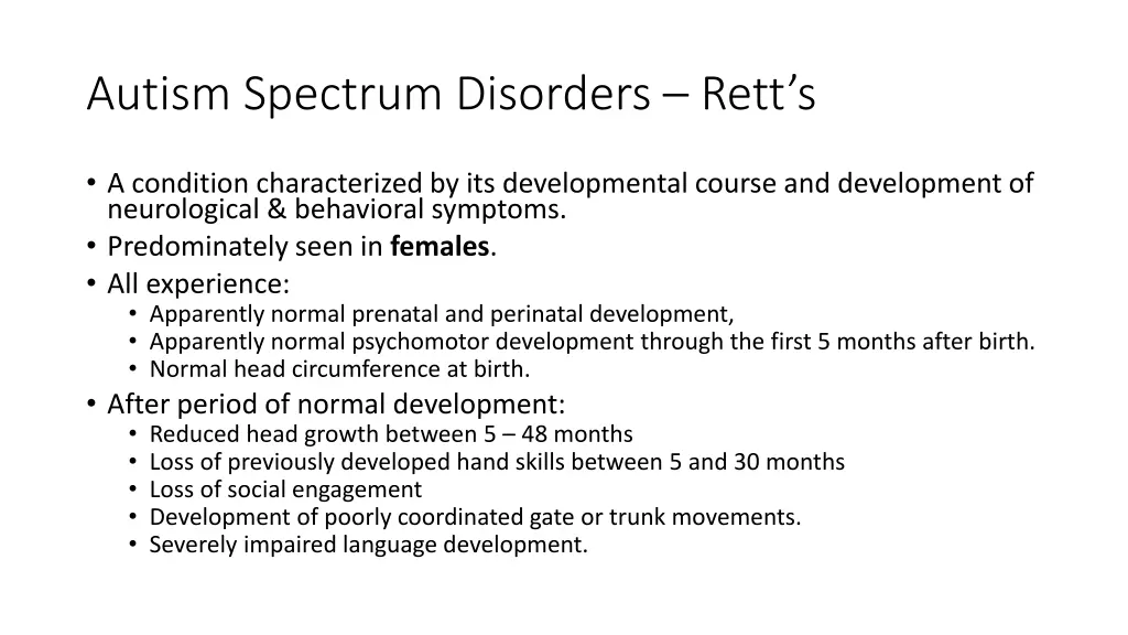autism spectrum disorders rett s