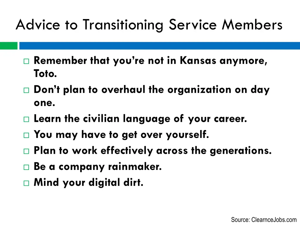 advice to transitioning service members