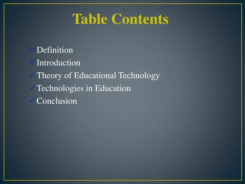 table contents