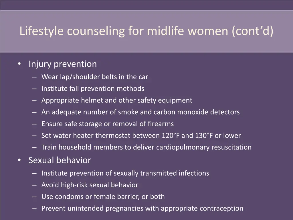 lifestyle counseling for midlife women cont d