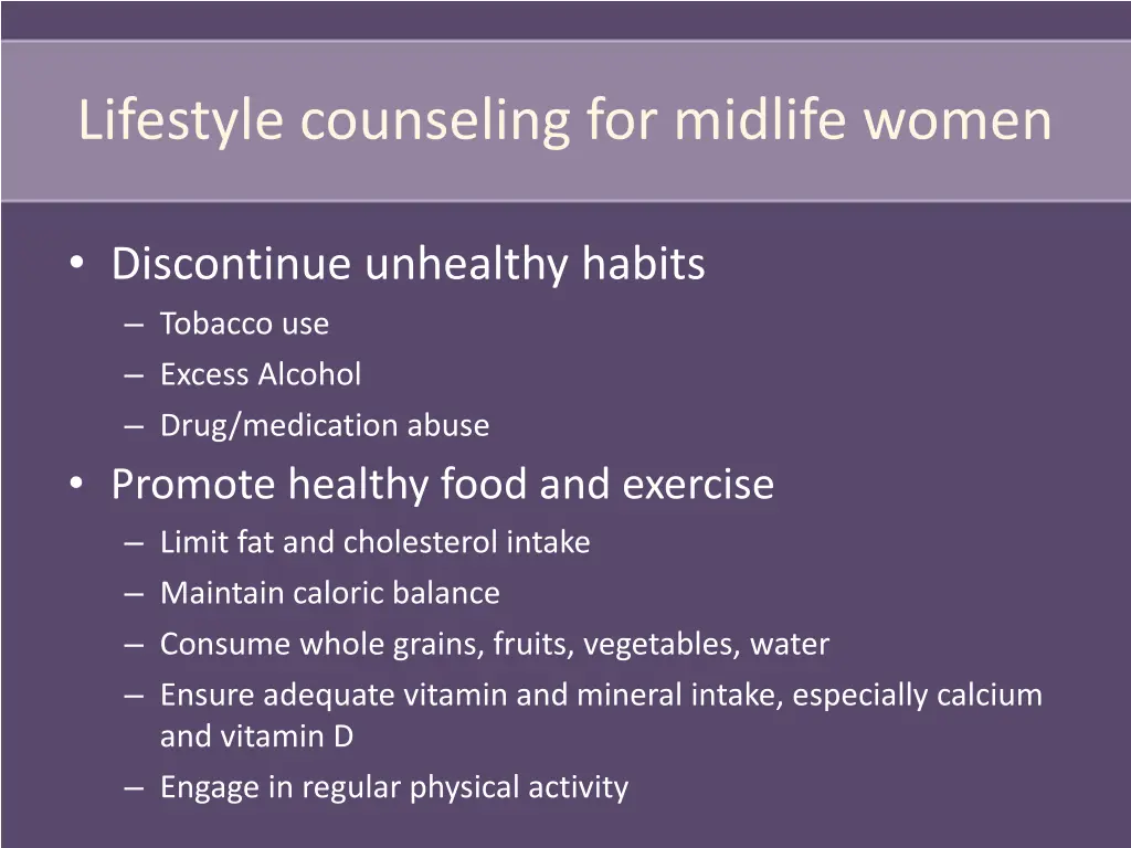 lifestyle counseling for midlife women