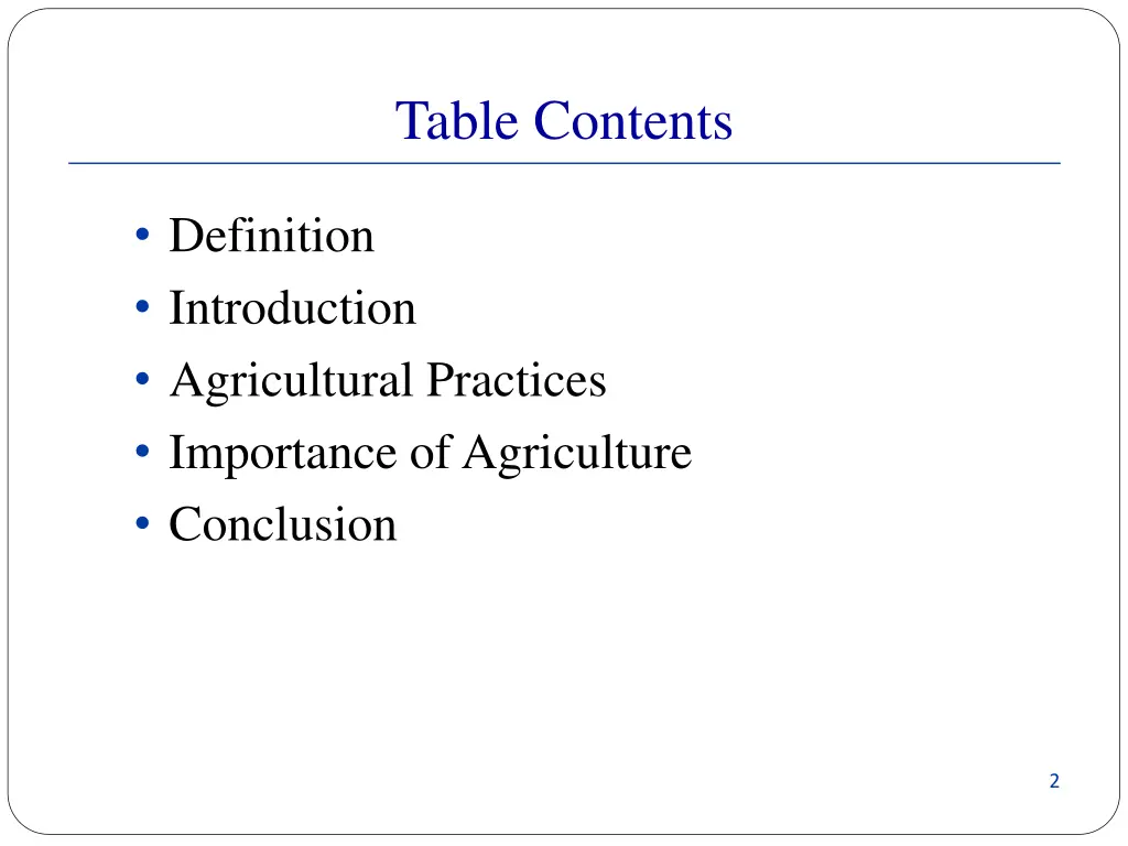table contents
