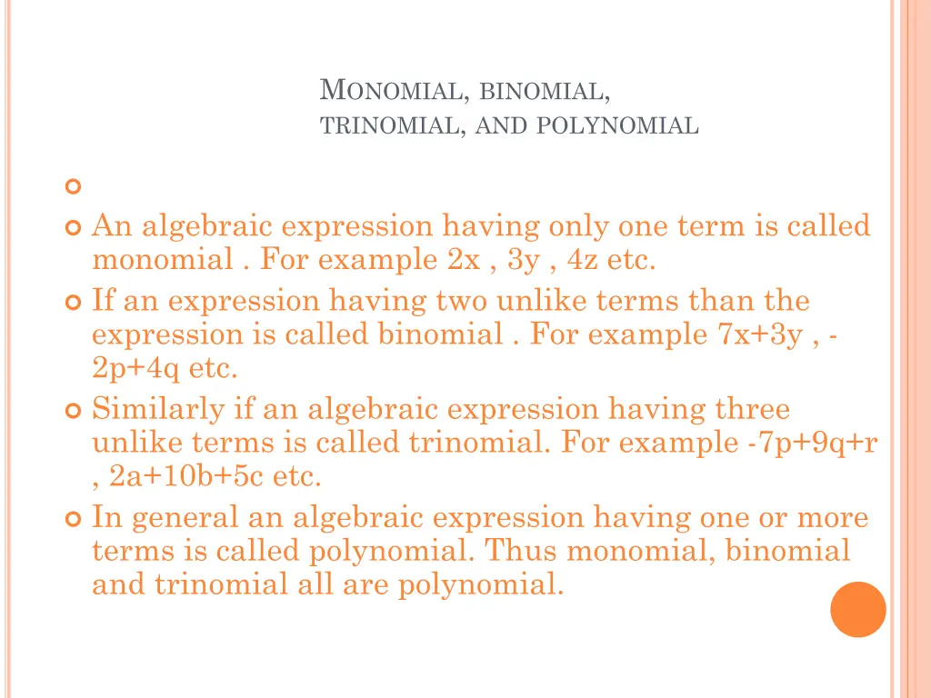 m onomial binomial trinomial and polynomial