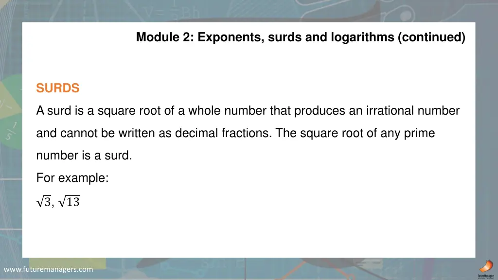module 2 exponents surds and logarithms continued