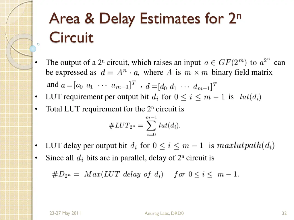 area delay estimates for 2 n circuit